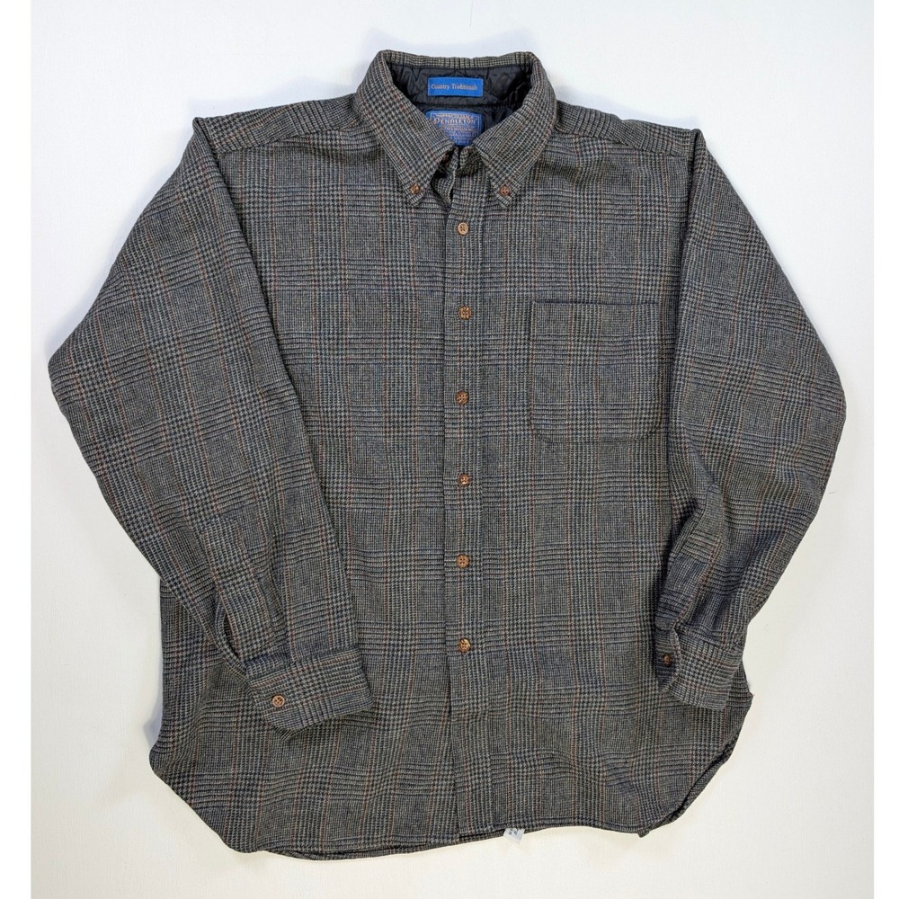 Pendleton Country Traditionals Wool Shirt Mens Large Glen Plaid Grey Flannel USA